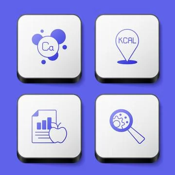 Set Calcium, Kcal, Diet plan and GMO icon. White square button. Vector Stock Illustration