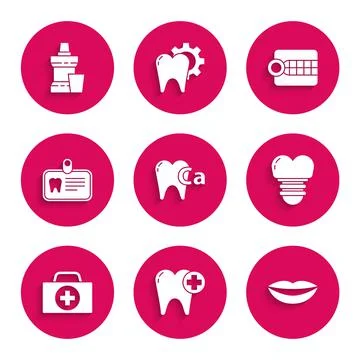 Set Calcium for tooth, Tooth, Smiling lips, Dental implant, First aid kit, Id Stock Illustration