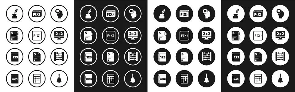 Set Calculation, Function mathematical symbol, Test or exam sheet and pen Illustrazione stock