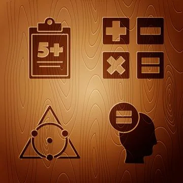 Set Calculation, Test or exam sheet, Triangle math and Calculator on wooden Illustrazione stock