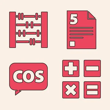 Set Calculator, Abacus, Test or exam sheet and Mathematics function cosine icon Stock Illustration