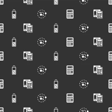 Set Calculator, Battery and Atom on seamless pattern. Vector Stock Illustration