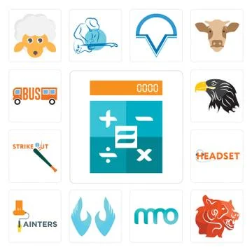 Set of calculator, bear head, 3 letter, two hands, painters, headset, strike  Free Stock Illustration