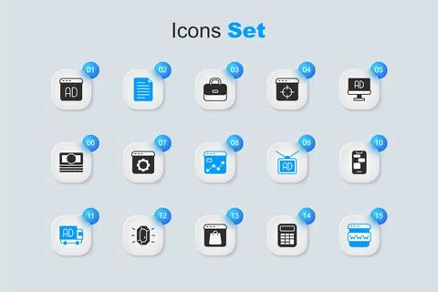 Set Calculator, Browser setting, File document, Advertising on truck, windo.. Stock Illustration