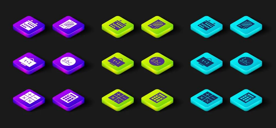 Set Calculator, Chalkboard, Graph, schedule, chart, diagram, Exam paper with Illustrazione stock