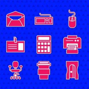 Set Calculator, Coffee cup go, Pencil sharpener, Printer, Office chair, Ide.. Stock Illustration