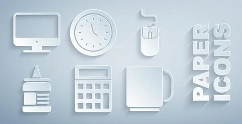 Set Calculator, Computer mouse, Glue, Coffee cup, Clock and monitor screen icon 스톡 일러스트