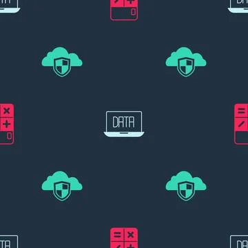 Set Calculator, Data analysis and Cloud and shield on seamless pattern. Vecto Illustrazione stock