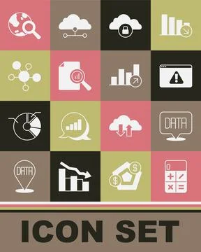 Set Calculator, Data analysis, Browser with exclamation mark, Cloud computing Stock Illustration