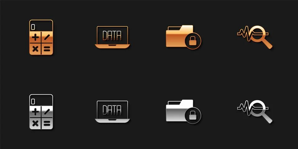 Set Calculator, Data analysis, Folder and lock and Search data icon. Vector 스톡 일러스트
