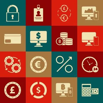 Set Calculator with dollar symbol, Clock 24 hours, Computer monitor and mobile Stock Illustration