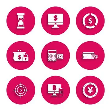 Set Calculator with dollar symbol, Computer monitor mobile phone and bitcoin Stockillustratie