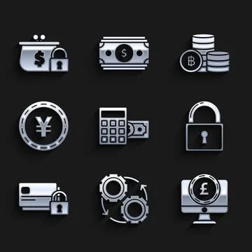Set Calculator with dollar symbol, Computer monitor pound sterling, Lock, Credit Illustrazione stock