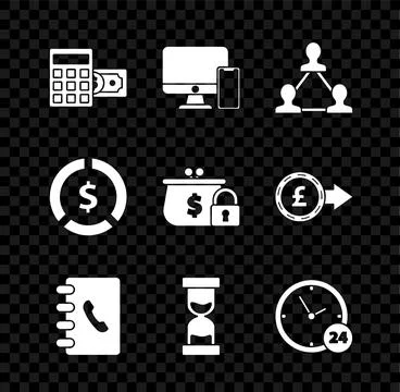 Set Calculator with dollar symbol, Computer monitor and mobile phone, Project Illustrazione stock