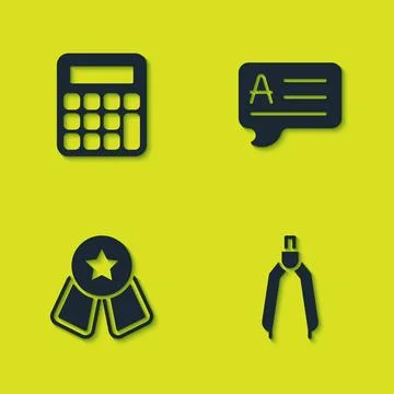 Set Calculator, Drawing compass, Medal with star and Speech bubbles Answer .. Illustrazione stock