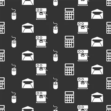 Set Calculator, Envelope, Computer mouse and Coffee machine on seamless pattern Illustrazione stock