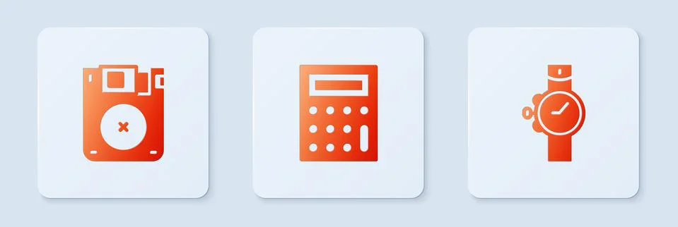 Set Calculator, Floppy disk and Wrist watch. White square button. Vector Stock Illustration