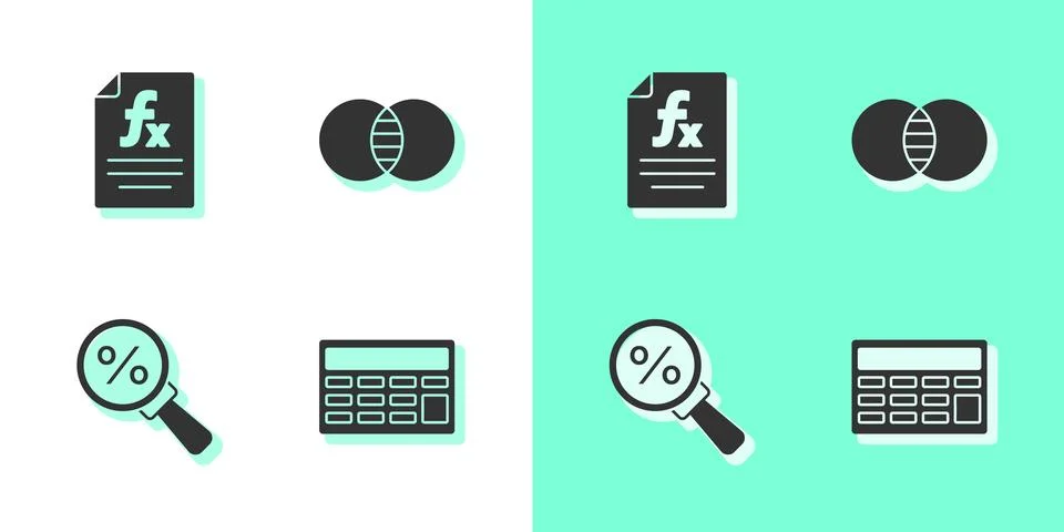 Set Calculator, Function mathematical symbol, Magnifying glass with percent and Stock Illustration