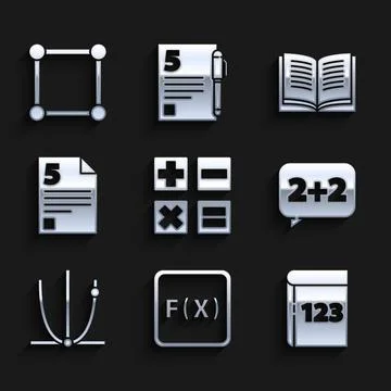 Set Calculator, Function mathematical symbol, Book with word mathematics, E.. Stock Illustration