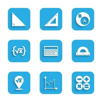 Set Calculator, Graph, schedule, chart, diagram, Protractor, Square root of x Illustrazione stock