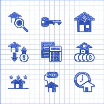 Set Calculator, House with dollar, Time is money, Real estate, and Search house Stock Illustration