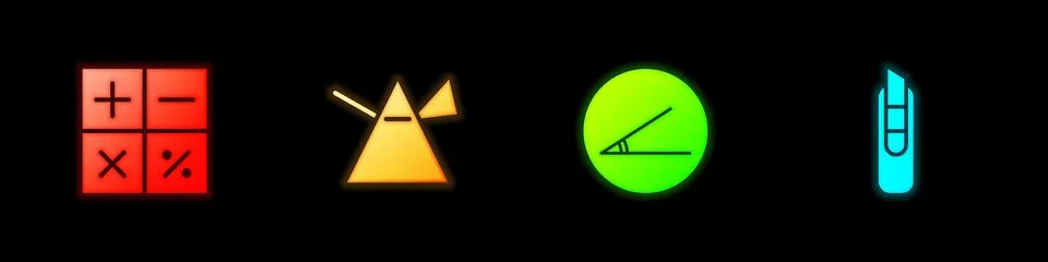 Set Calculator, Light rays in prism, Acute angle and Stationery knife icon Stockillustratie
