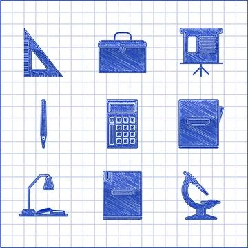 Set Calculator, Notebook, Microscope, Workplace with table lamp and open, Pen Stock Illustration