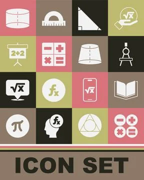 Set Calculator, Open book, Drawing compass, Triangle math, Chalkboard, Geometric Illustrazione stock