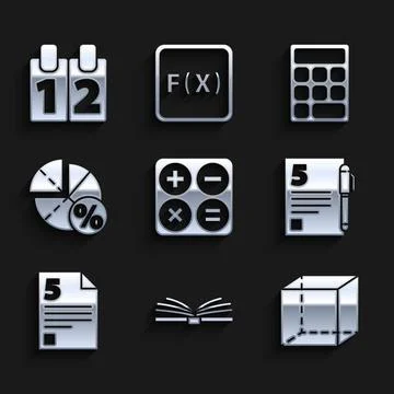 Set Calculator, Open book, Geometric figure Cube, Test exam sheet and, Graph Stock Illustration