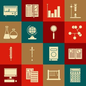 Set Calculator, Open book, Molecule, Pie chart infographic, Earth globe, Te.. Stock Illustration
