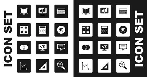 Set Calculator, Open book, Pi symbol, Computer monitor with graph chart, Ce.. Illustrazione stock