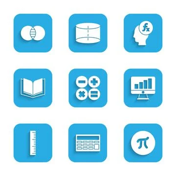 Set Calculator, Pi symbol, Computer monitor with graph chart, Ruler, Open book Stockillustratie