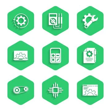 Set Calculator, Processor with microcircuits CPU, Browser setting, Document 库存插图