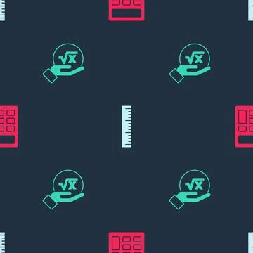 Set Calculator, Ruler and Square root of x glyph on seamless pattern. Vector Stock Illustration