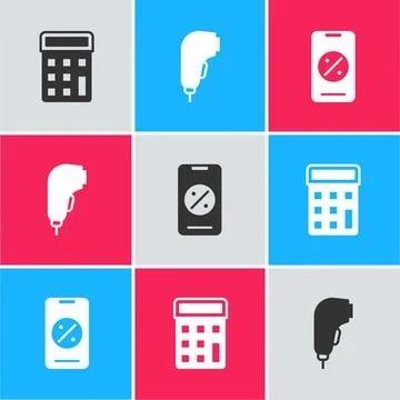 Set Calculator, Scanner scanning bar code and Percent discount and mobile icon Stock Illustration