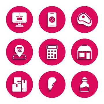 Set Calculator, Scanner scanning bar code, Spice, Market store, Cash register Illustrazione stock