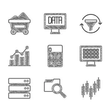Set Calculator, Search with folder, Browser stocks market, Binary code, Server 스톡 일러스트