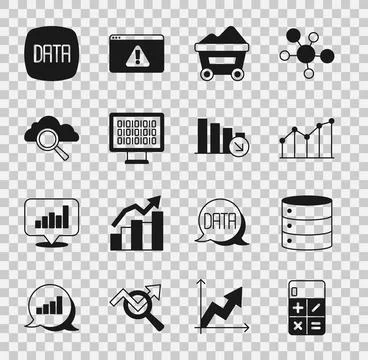 Set Calculator, Server, Pie chart infographic, Coal mine trolley, Binary co.. Stock Illustration