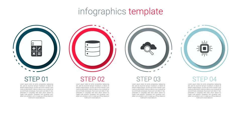 Set Calculator, Server, Search cloud computing and Processor CPU. Business Illustrazione stock
