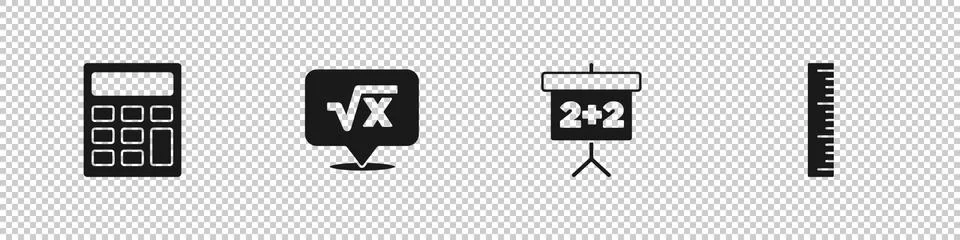 Set Calculator, Square root of x glyph, Chalkboard and Ruler icon. Vector Illustrazione stock