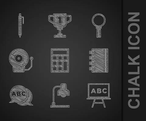 Set Calculator, Table lamp, Chalkboard, Spiral notebook, Alphabet, Ringing alarm 스톡 일러스트