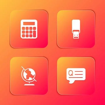 Set Calculator, USB flash drive, Earth globe and Speech bubbles with Questi.. Illustrazione stock