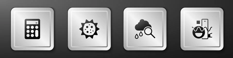 Set Calculator, Virus, Cloud with rain and Basic geometric shapes icon. Silver Illustrazione stock