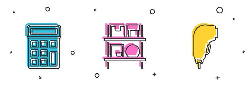 Set Calculator, Warehouse interior with boxes and Scanner scanning bar code icon 库存插图