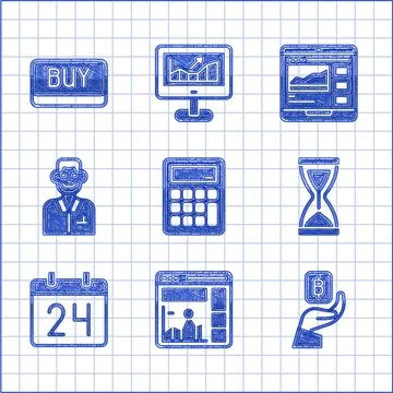 Set Calculator, Website with growth graph, Hand holding Bitcoin, Old hourglass Stock Illustration