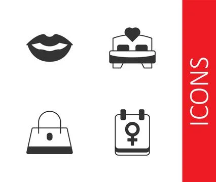 Set Calendar with 8 March, Smiling lips, Handbag and Bedroom icon. Vector Illustration