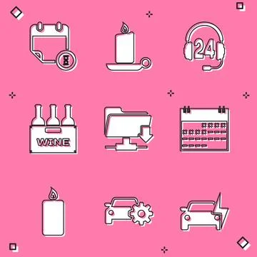 Set Calendar and clock, Burning candle in candlestick, Headphone for suppor.. Stock Illustration