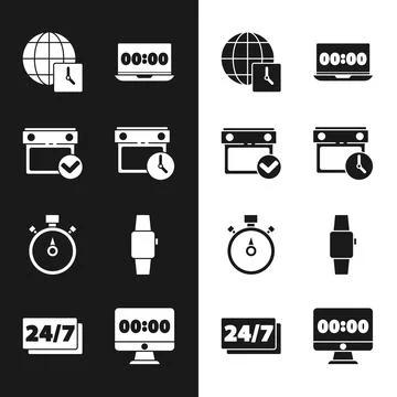 Set Calendar and clock, with check mark, World time, Clock on laptop, Stopw.. Stockillustratie