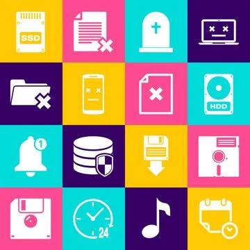 Set Calendar and clock, Floppy disk in the 5.25-inch, Hard drive HDD, Tombstone Stock Illustration