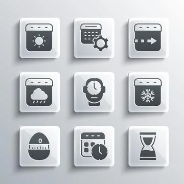 Set Calendar and clock, Old hourglass, winter, Clock, Kitchen timer, autumn.. 스톡 일러스트